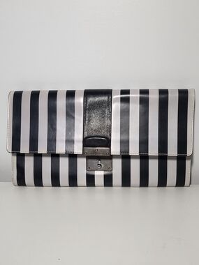 Marc Jacobs Black and White Striped Leather Clutch with Gold Hardware